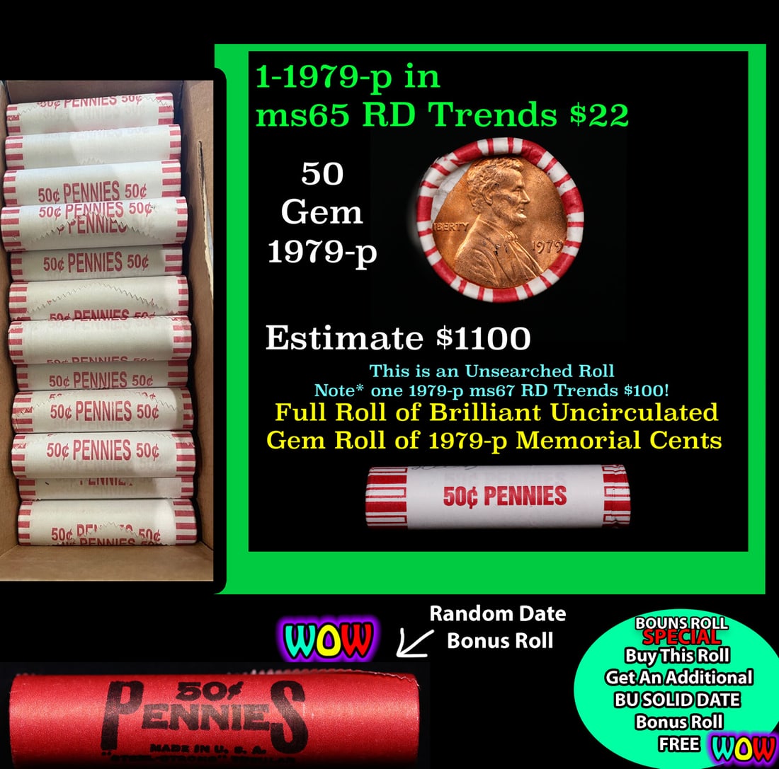 THIS AUCTION ONLY! BU Shotgun Lincoln 1c roll, 1979-p 50 pcs Plus one bonus random date BU roll!: THIS AUCTION ONLY! BU Shotgun Lincoln 1c roll, 1979-p 50 pcs Plus one bonus random date BU roll! Bank Wrapper 50c. A terrific Shotgun roll of Lincoln cents in a Bank wrapper. Most if not all coins sho