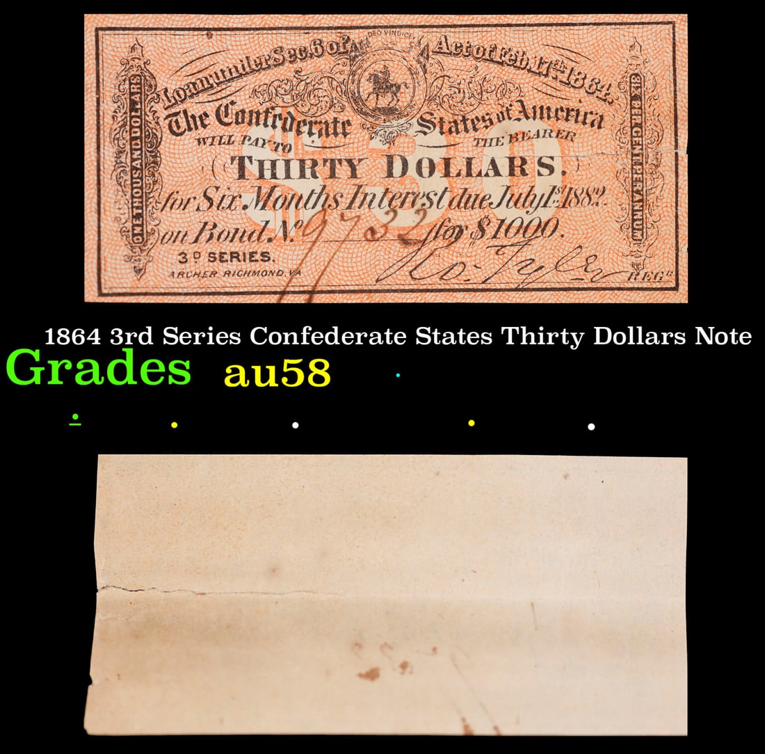 1864 3rd Series Confederate States Thirty Dollars Note Grades Choice AU/BU Slider: 1864 3rd Series Confederate States Thirty Dollars Note Grades Choice AU/BU Slider.