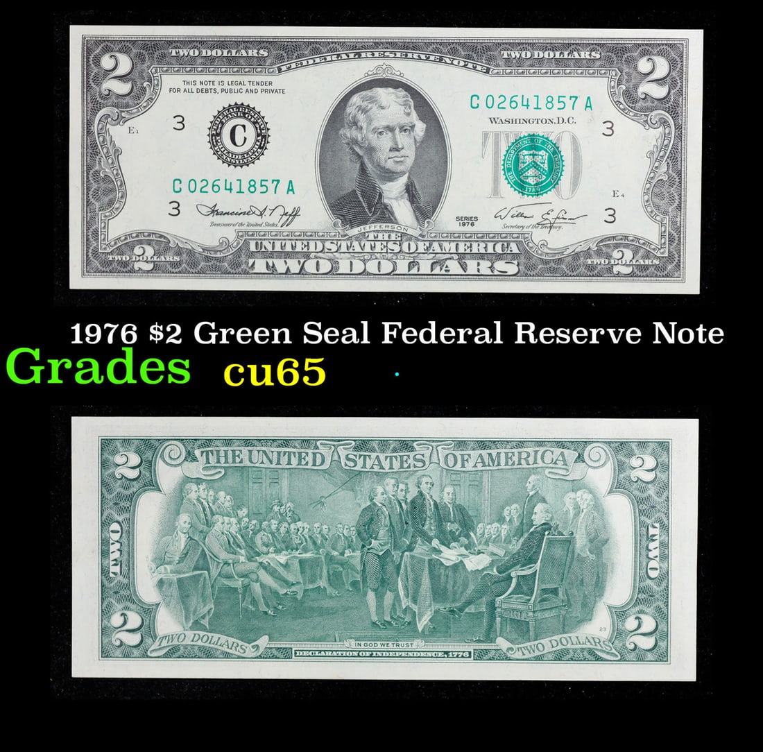 1976 $2 Green Seal Federal Reserve Note Grades Gem CU (1 of 3)