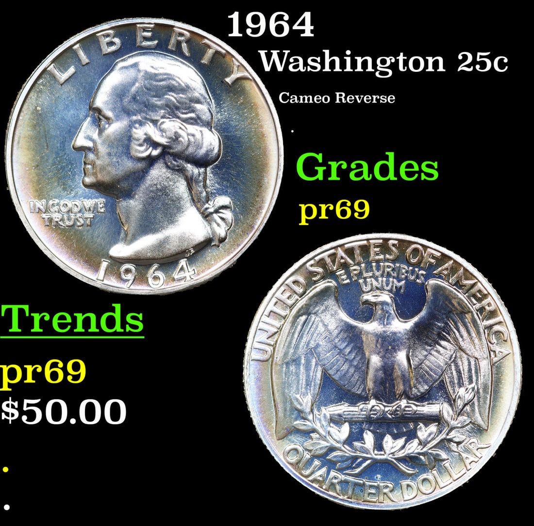 Proof 1964 Washington Quarter 25c Grades GEM++ Proof (1 of 3)