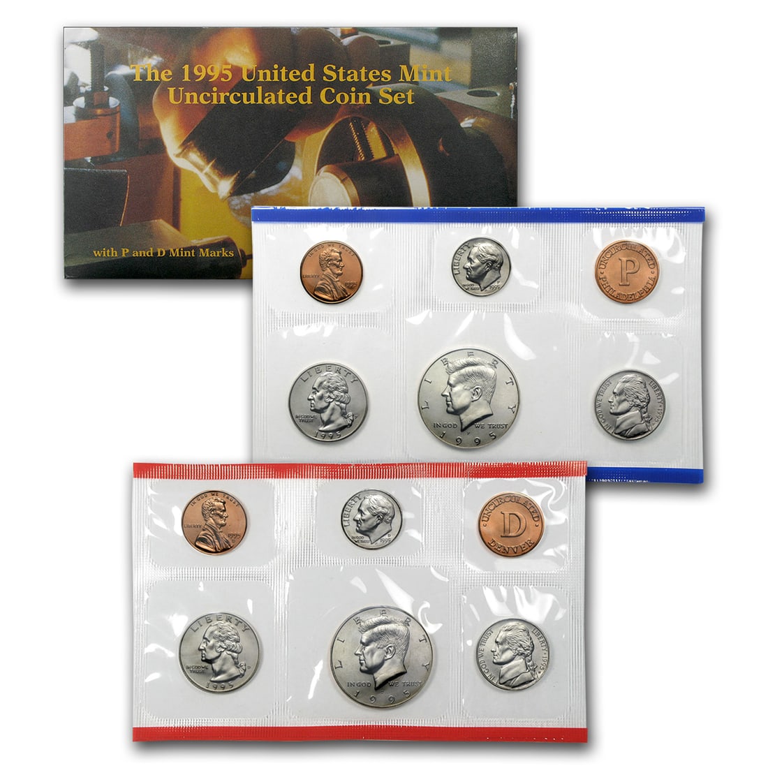 1995 United States Mint Set in Original Government Packaging 10 coins: 1995 United States Mint Set in Original Government Packaging 10 coins. Contains both the entire Philadelphia and Denver Issues for 1995. Includes 2 Kennedy Half Dollars.