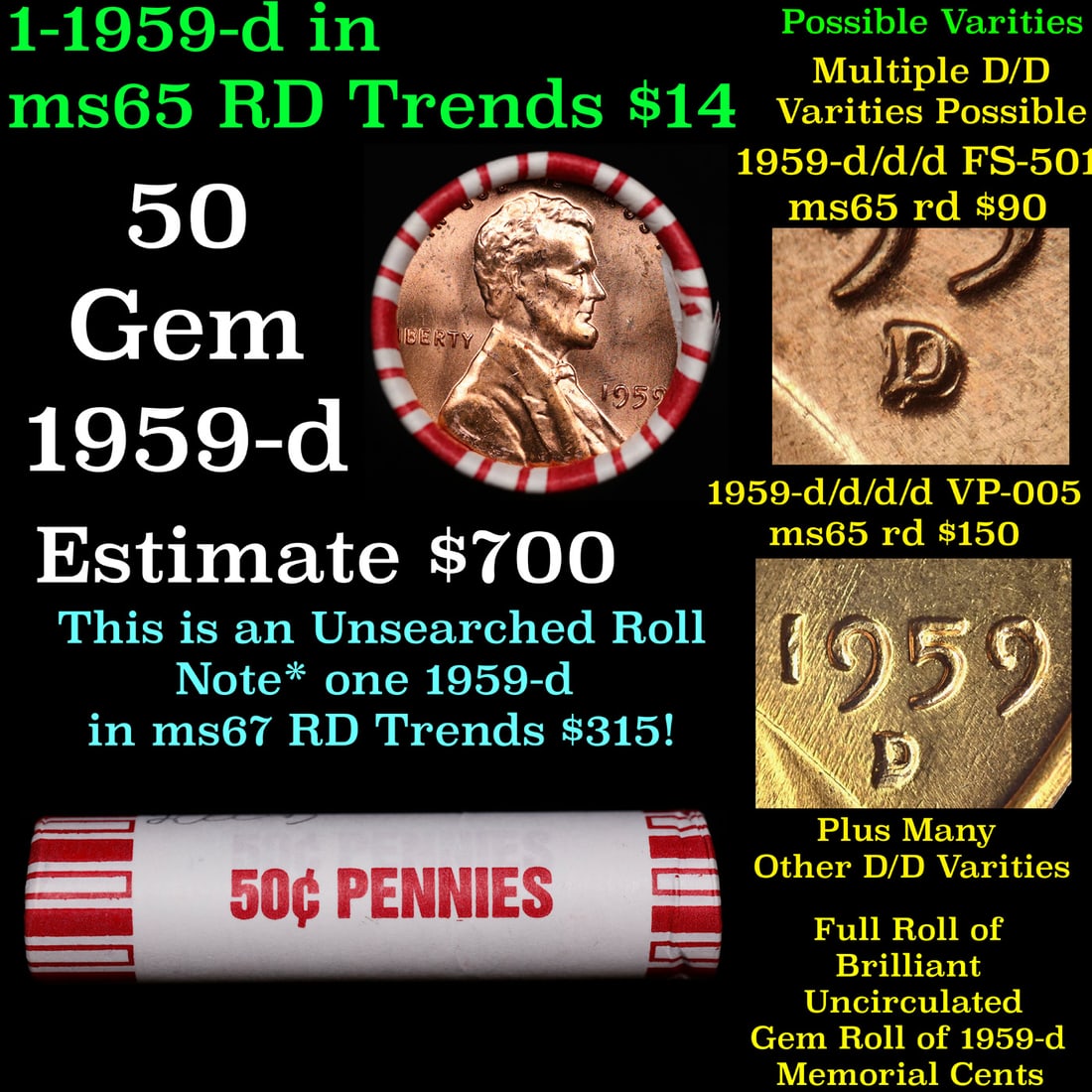 BU Shotgun Lincoln 1c roll, 1959-p 50 pcs Bank Wrapper 50c: BU Shotgun Lincoln 1c roll, 1959-p 50 pcs Bank Wrapper 50c. A terrific Shotgun roll of Lincoln cents in a Bank wrapper. Most if not all coins should be cherry red.