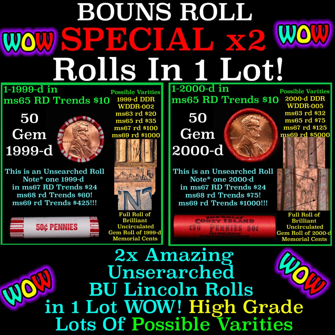 2x BU Shotgun Lincoln 1c rolls, 1999-d & 2000-d 50 pcs 50c (1 of 1)