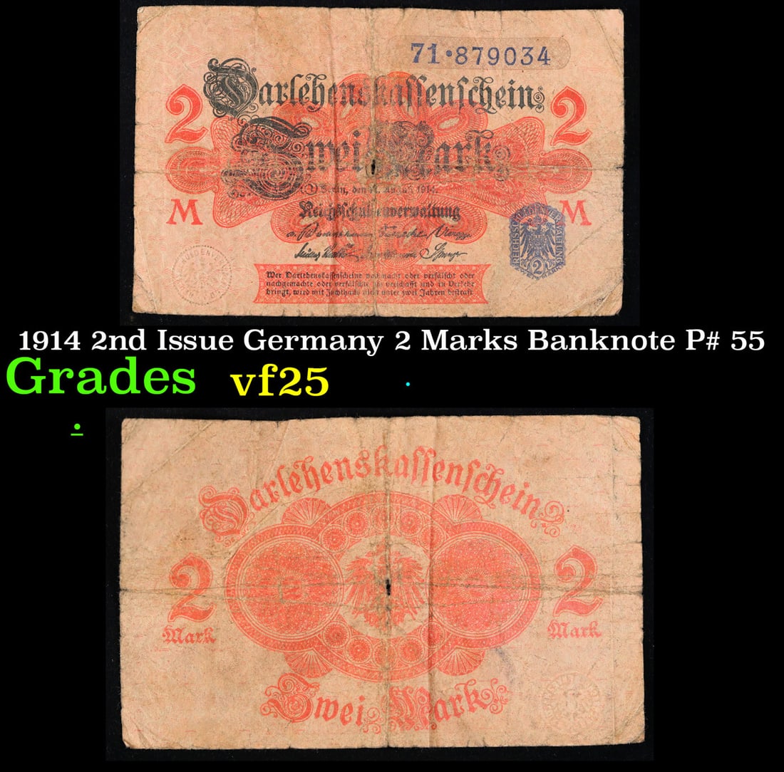 1914 2nd Issue Germany 2 Marks Banknote P# 55 Grades vf+ (1 of 3)
