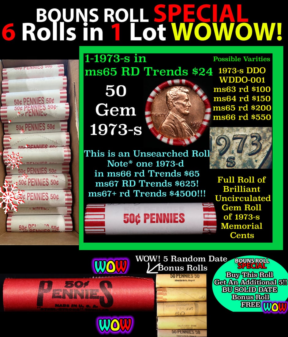 THIS AUCTION ONLY! BU Shotgun Lincoln 1c roll, 1973-s 50 pcs Plus FIVE bonus random date BU roll!: THIS AUCTION ONLY! BU Shotgun Lincoln 1c roll, 1973-s 50 pcs Plus FIVE bonus random date BU roll! Bank Wrapper 50c. A terrific Shotgun roll of Lincoln cents in a Bank wrapper. Most if not all coins sh