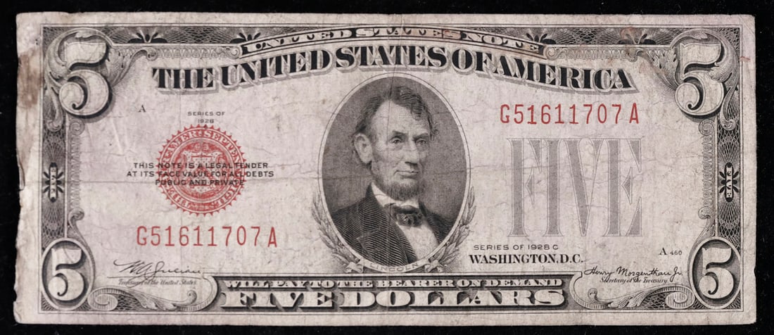 1928C $5 Red Seal United States Note Grades f+ (1 of 3)