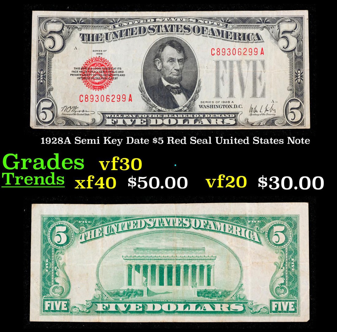 1928A Semi Key Date $5 Red Seal United States Note Grades vf++ (1 of 1)