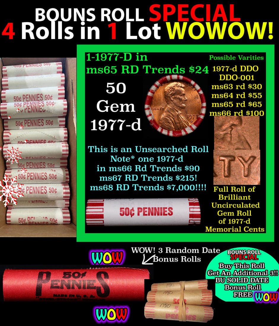 THIS AUCTION ONLY! BU Shotgun Lincoln 1c roll, 1977-d 50 pcs Plus THREE bonus random date BU roll! (1 of 2)