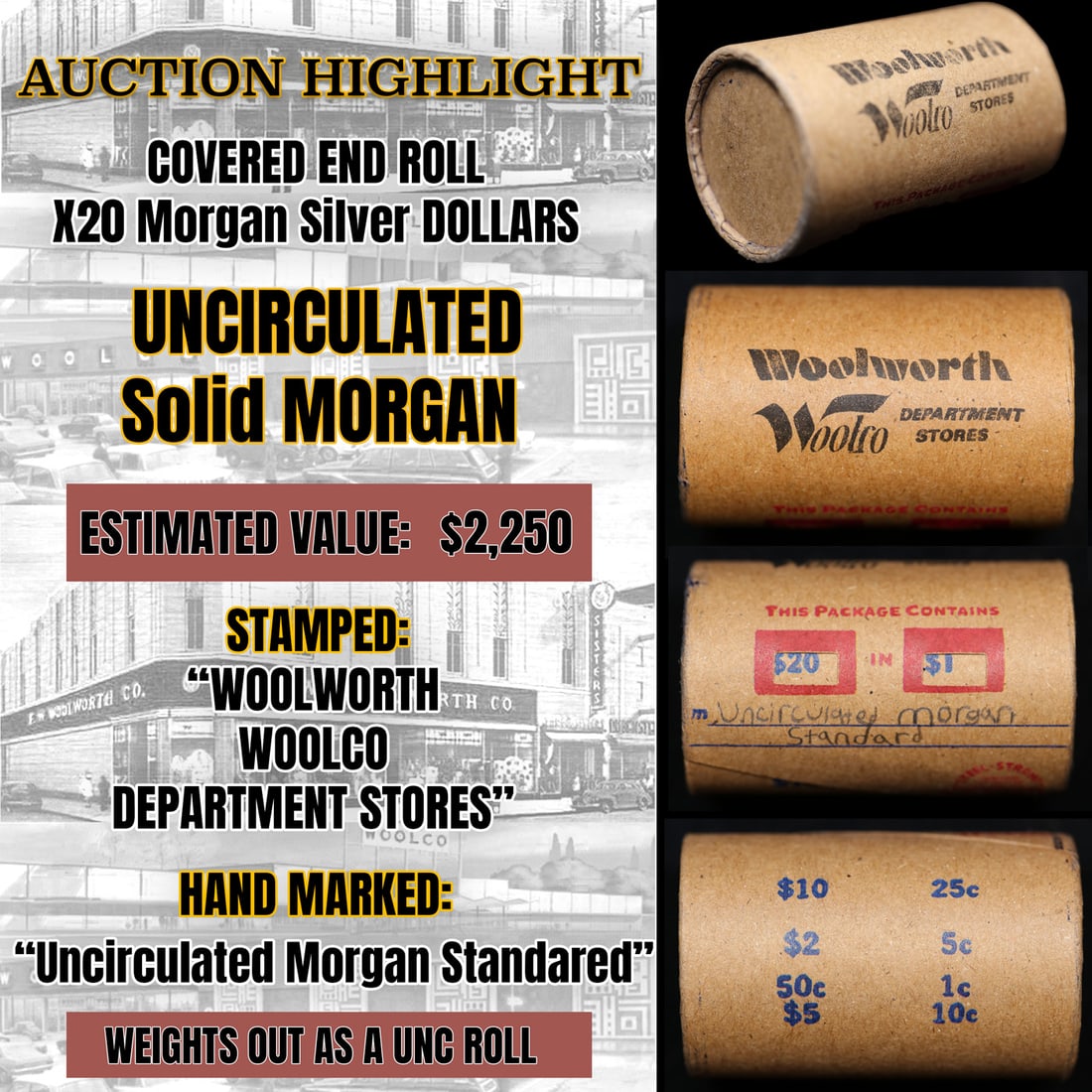 Wow! Covered End Roll! Marked "Unc Morgan Standard"! X20 Coins Inside! (FC) (1 of 5)