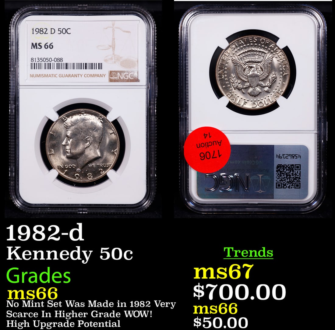 NGC 1982-d Kennedy Half Dollar 50c Graded ms66 By NGC (1 of 3)