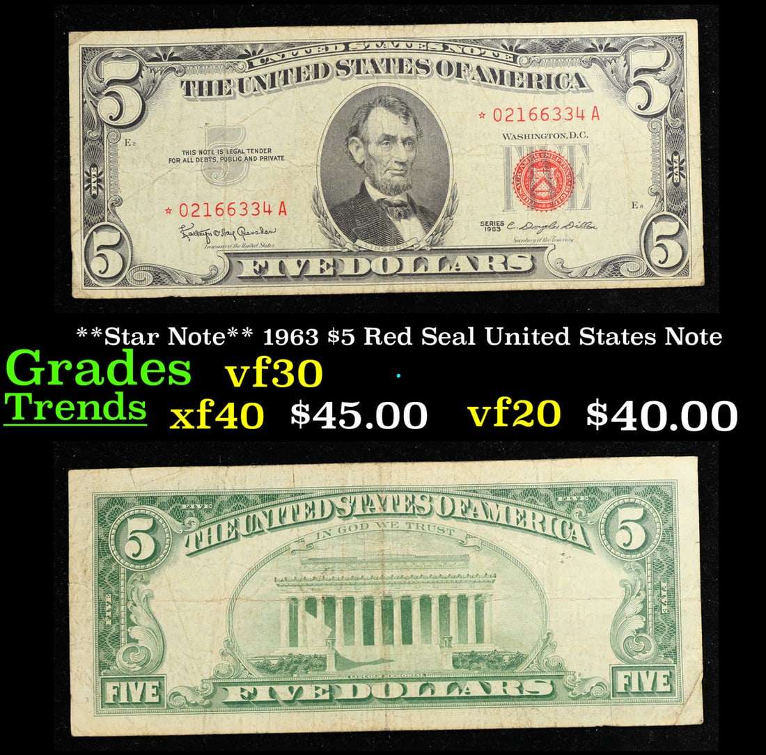 **Star Note** 1963 $5 Red Seal United States Note Grades vf++ (1 of 3)
