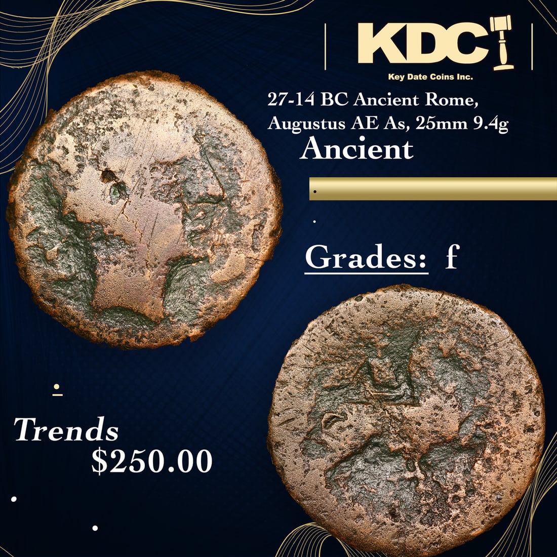 27-14 BC Ancient Rome, Augustus AE As, 25mm 9.4g Ancient Grades f (1 of 3)