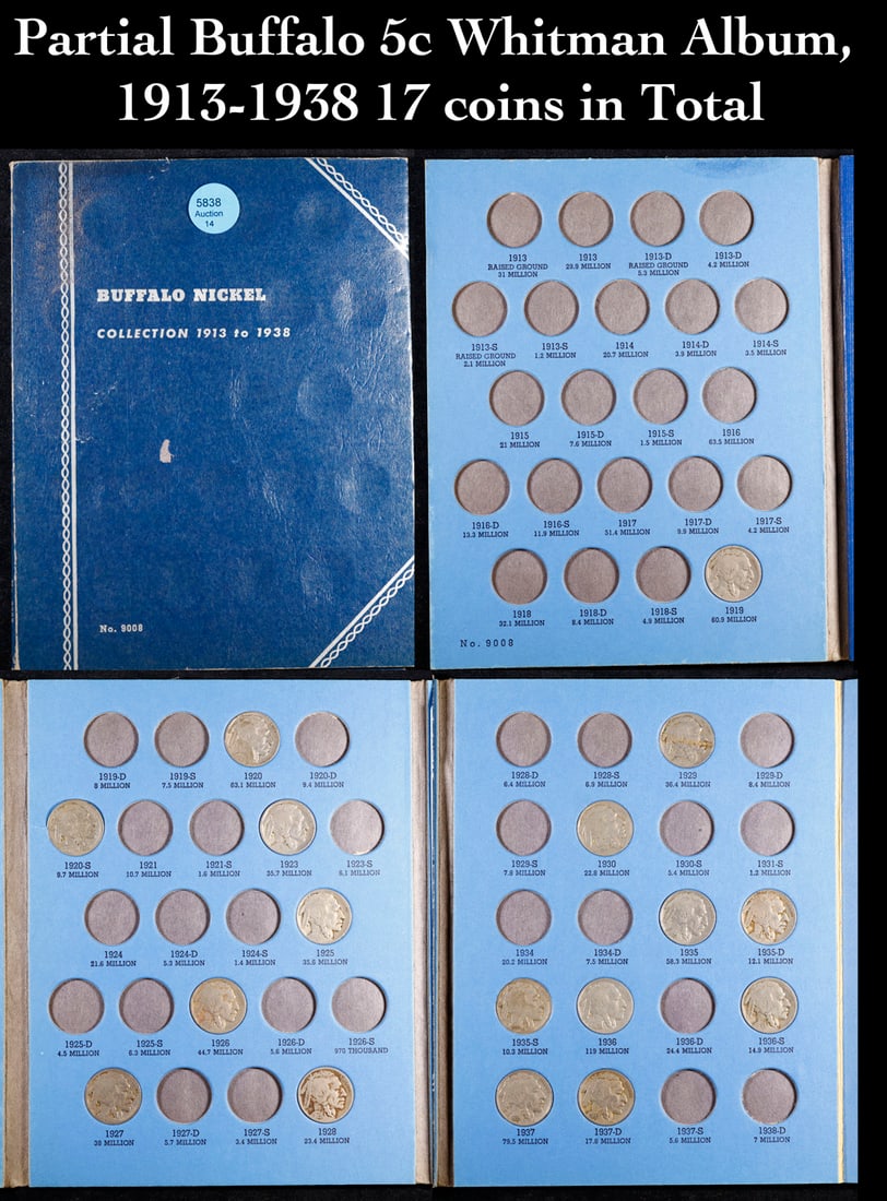 Partial Buffalo 5c Whitman Album, 1913-1938 17 coins in Total (1 of 5)