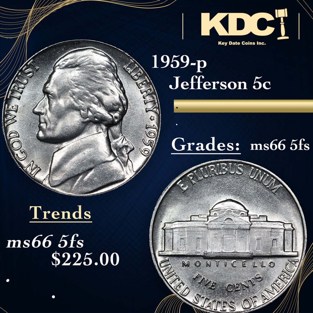 1959-p Jefferson Nickel 5c Grades GEM+ 5fs (1 of 3)