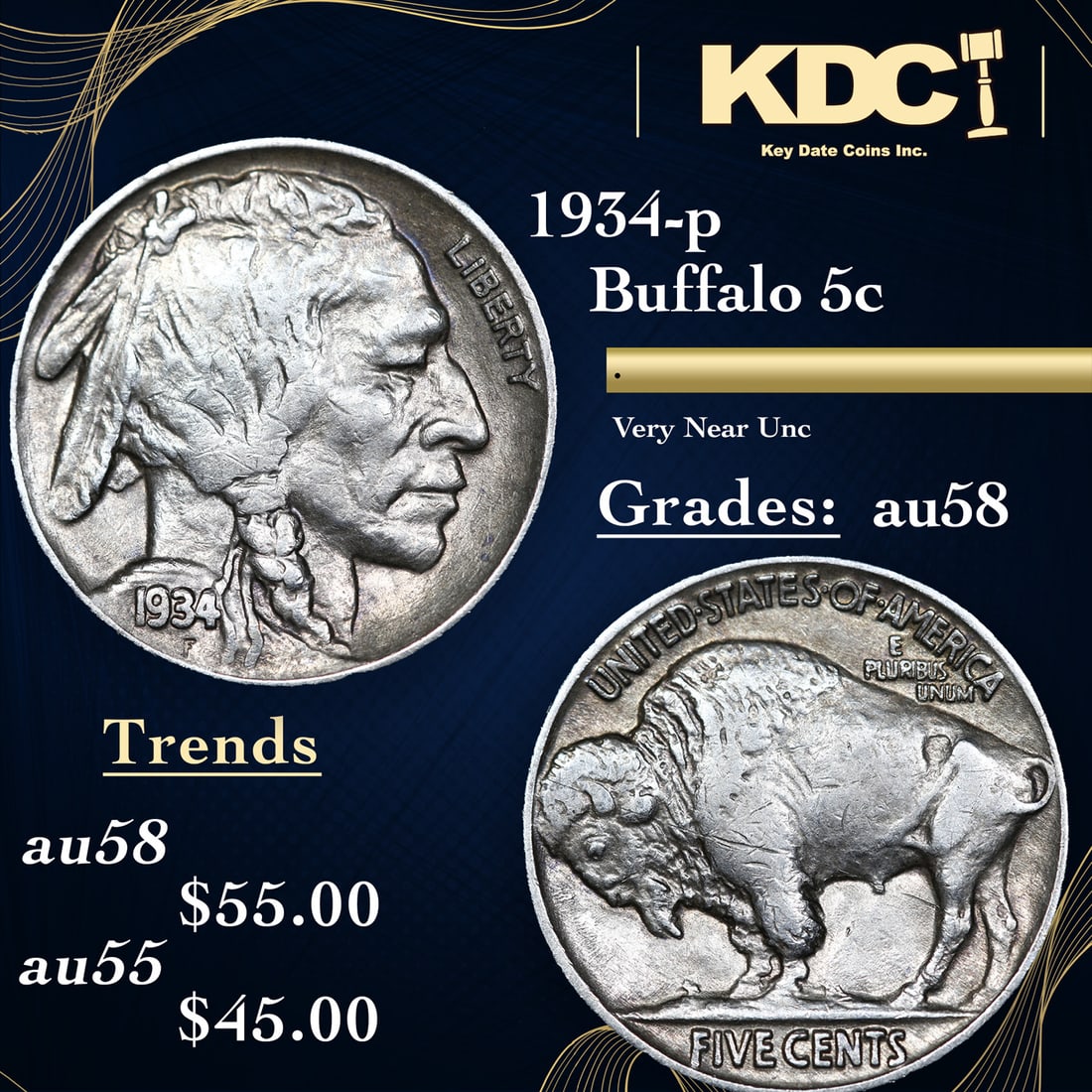 1934-p Buffalo Nickel 5c Grades Choice AU/BU Slider (1 of 3)