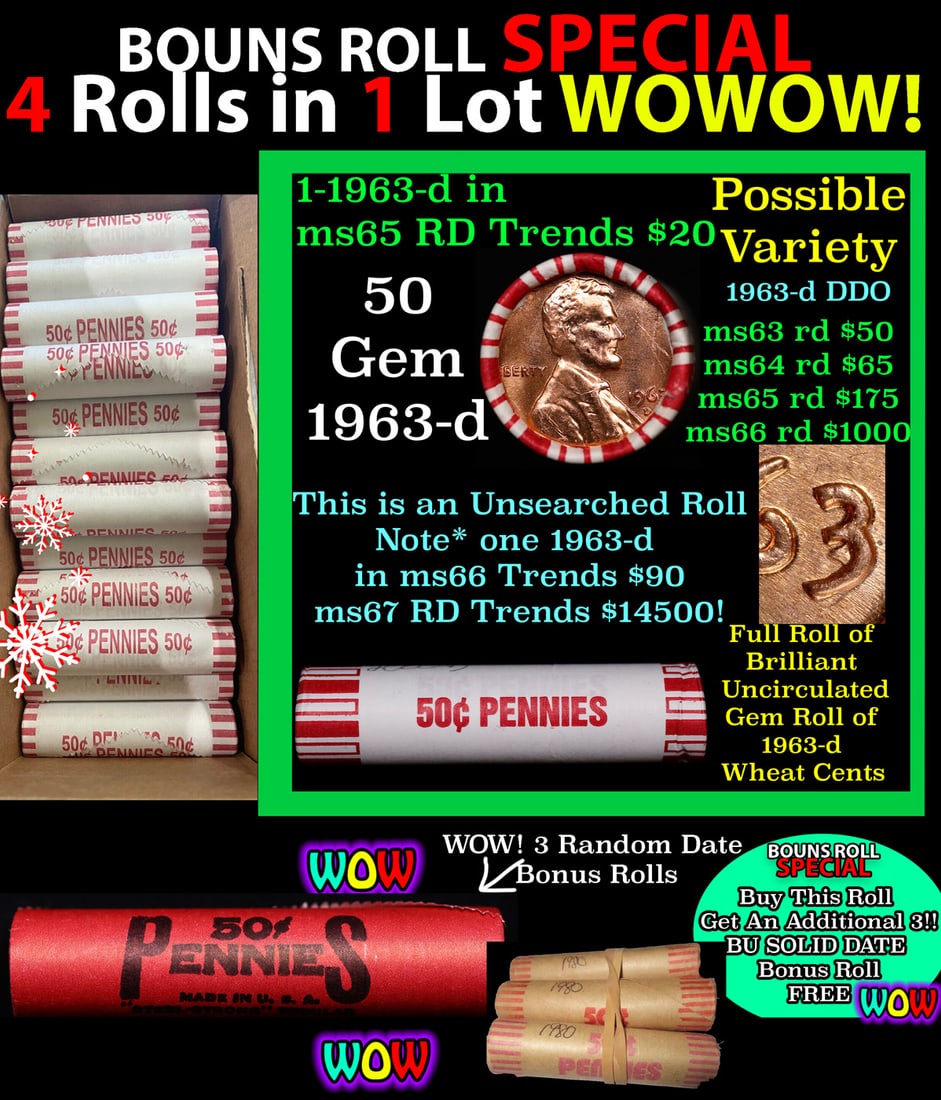 THIS AUCTION ONLY! BU Shotgun Lincoln 1c roll, 1963-d 50 pcs Plus THREE bonus random date BU roll!: THIS AUCTION ONLY! BU Shotgun Lincoln 1c roll, 1963-d 50 pcs Plus THREE bonus random date BU roll! Bank Wrapper 50c. A terrific Shotgun roll of Lincoln cents in a Bank wrapper. Most if not all coins s