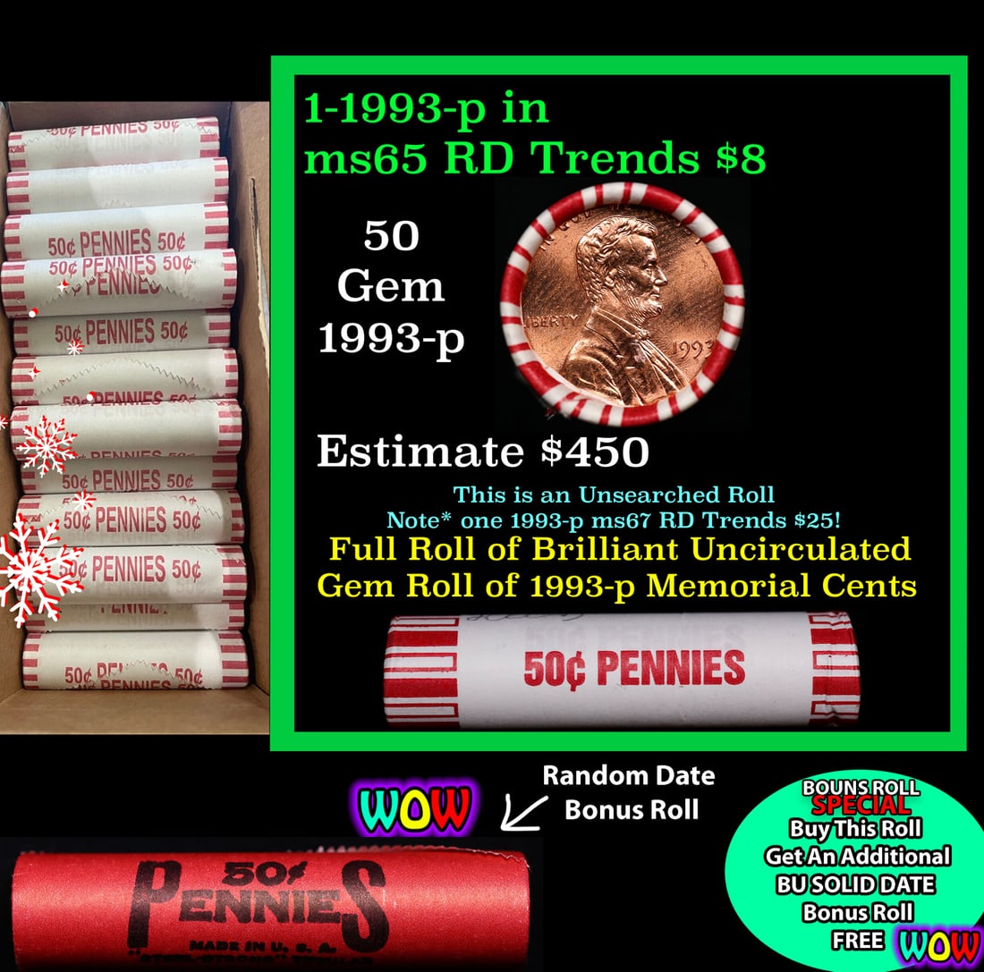 THIS AUCTION ONLY! BU Shotgun Lincoln 1c roll, 1993-p 50 pcs Plus one bonus random date BU roll!: THIS AUCTION ONLY! BU Shotgun Lincoln 1c roll, 1993-p 50 pcs Plus one bonus random date BU roll! Bank Wrapper 50c. A terrific Shotgun roll of Lincoln cents in a Bank wrapper. Most if not all coins sho