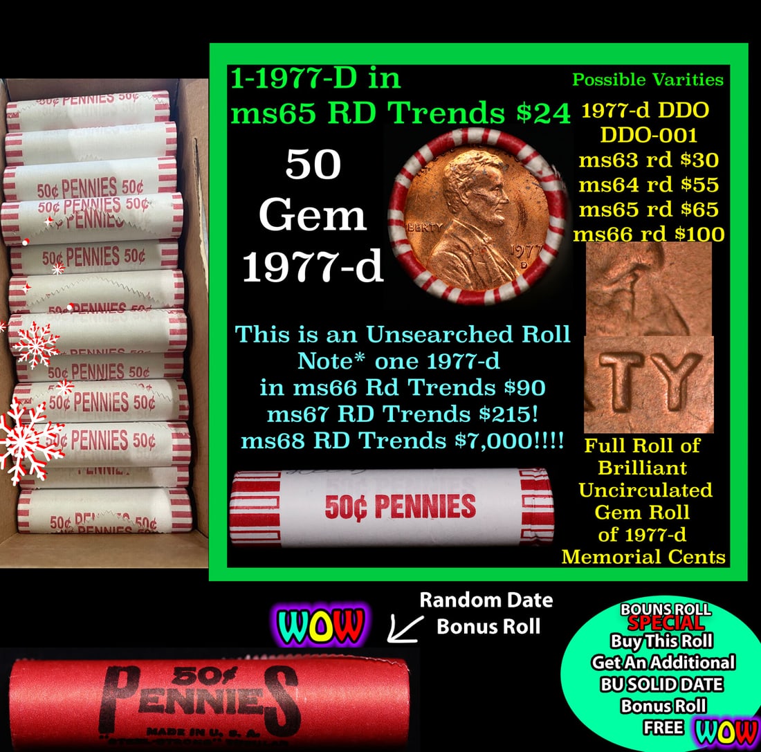THIS AUCTION ONLY! BU Shotgun Lincoln 1c roll, 1980-p 50 pcs Plus one bonus random date BU roll!: THIS AUCTION ONLY! BU Shotgun Lincoln 1c roll, 1980-p 50 pcs Plus one bonus random date BU roll! Bank Wrapper 50c. A terrific Shotgun roll of Lincoln cents in a Bank wrapper. Most if not all coins sho
