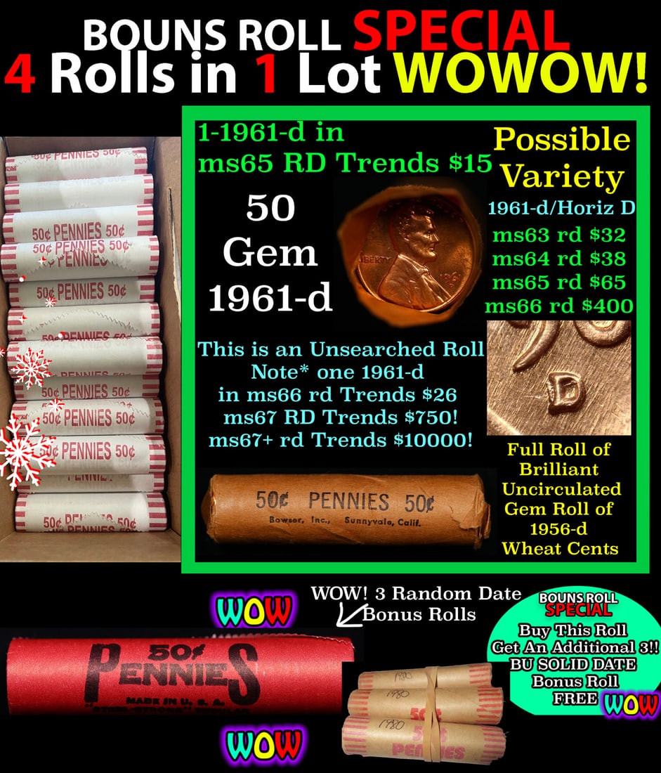 THIS AUCTION ONLY! BU Shotgun Lincoln 1c roll, 1961-d 50 pcs Plus THREE bonus random date BU roll!: THIS AUCTION ONLY! BU Shotgun Lincoln 1c roll, 1961-d 50 pcs Plus THREE bonus random date BU roll! Bank Wrapper 50c. A terrific Shotgun roll of Lincoln cents in a Bank wrapper. Most if not all coins s