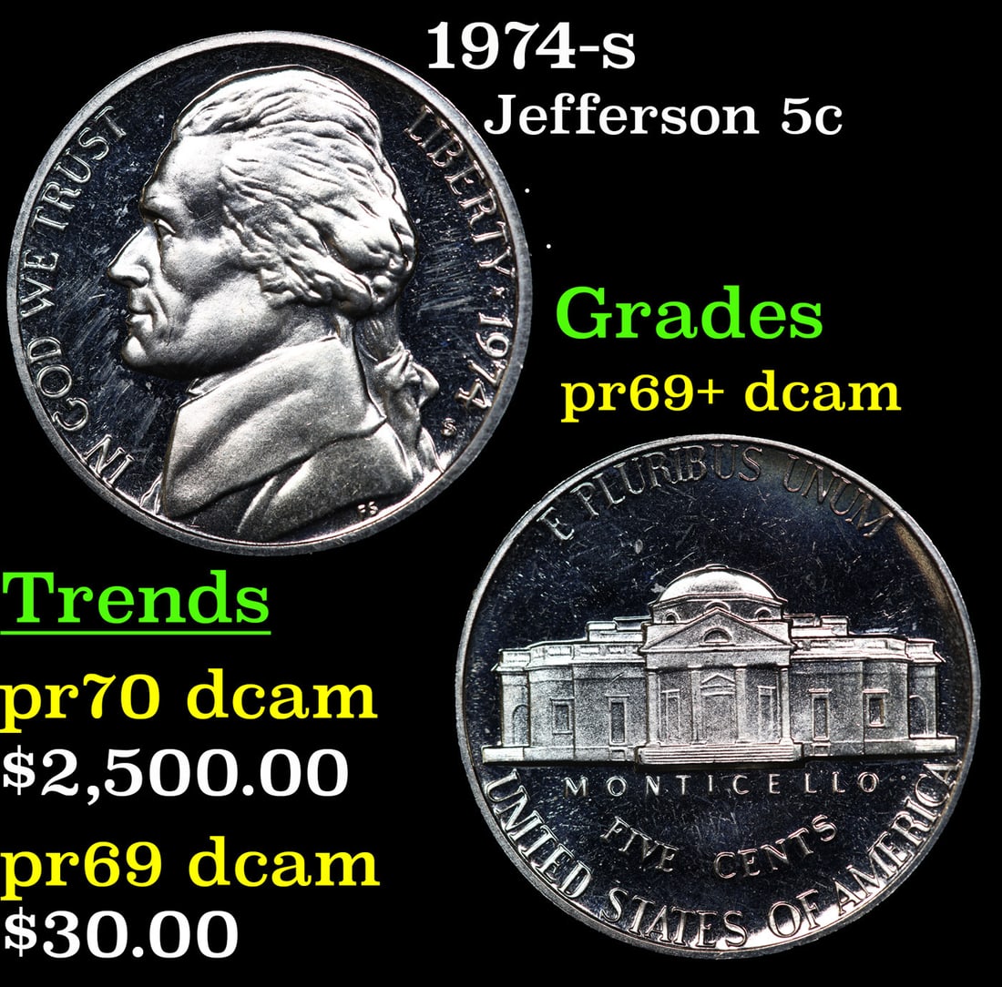 Proof 1974-s Jefferson Nickel 5c Grades GEM++ Proof Deep Cameo (1 of 3)