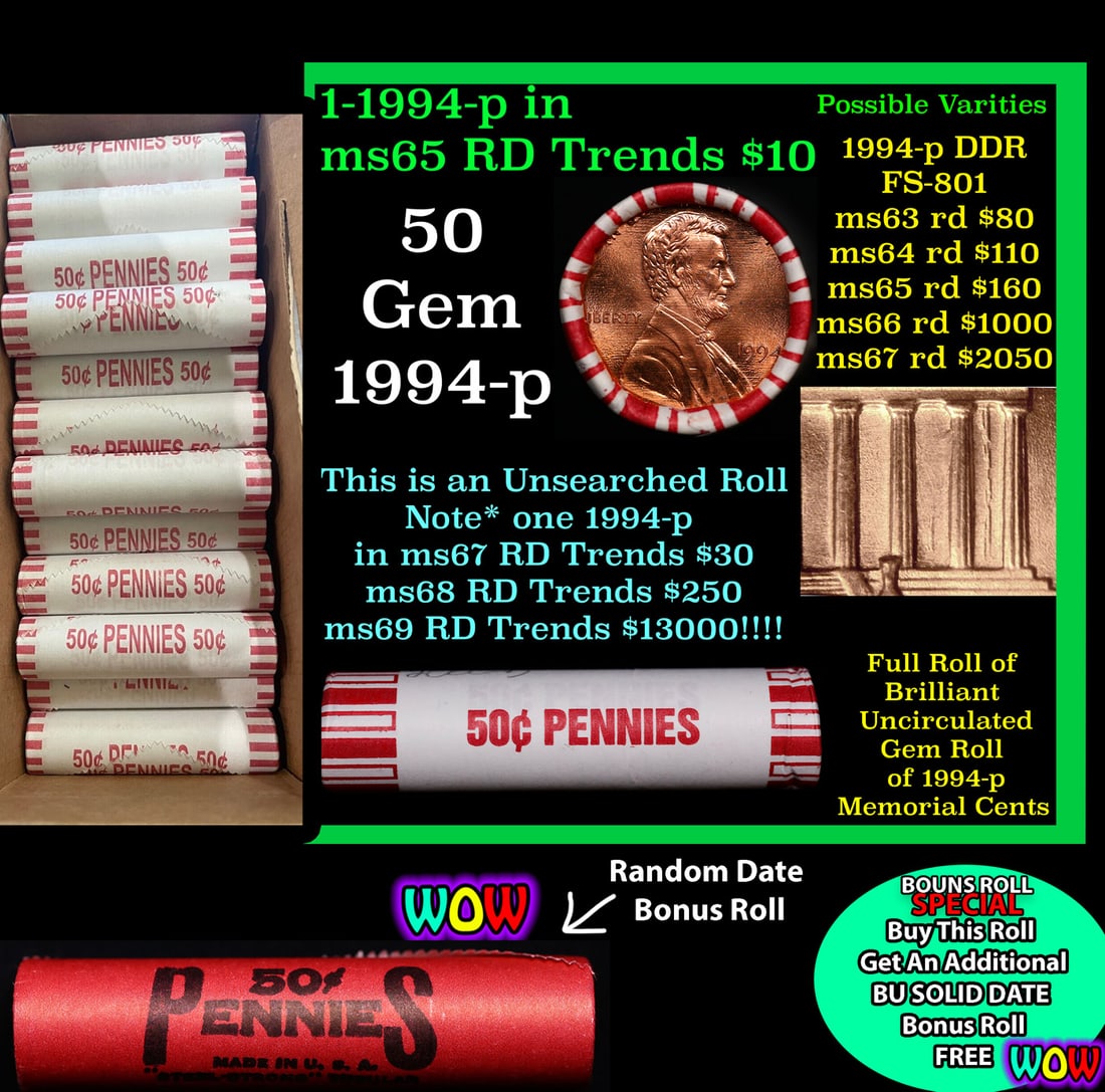 THIS AUCTION ONLY! BU Shotgun Lincoln 1c roll, 1995-p 50 pcs Plus one bonus random date BU roll!: THIS AUCTION ONLY! BU Shotgun Lincoln 1c roll, 1995-p 50 pcs Plus one bonus random date BU roll! Bank Wrapper 50c. A terrific Shotgun roll of Lincoln cents in a Bank wrapper. Most if not all coins sho