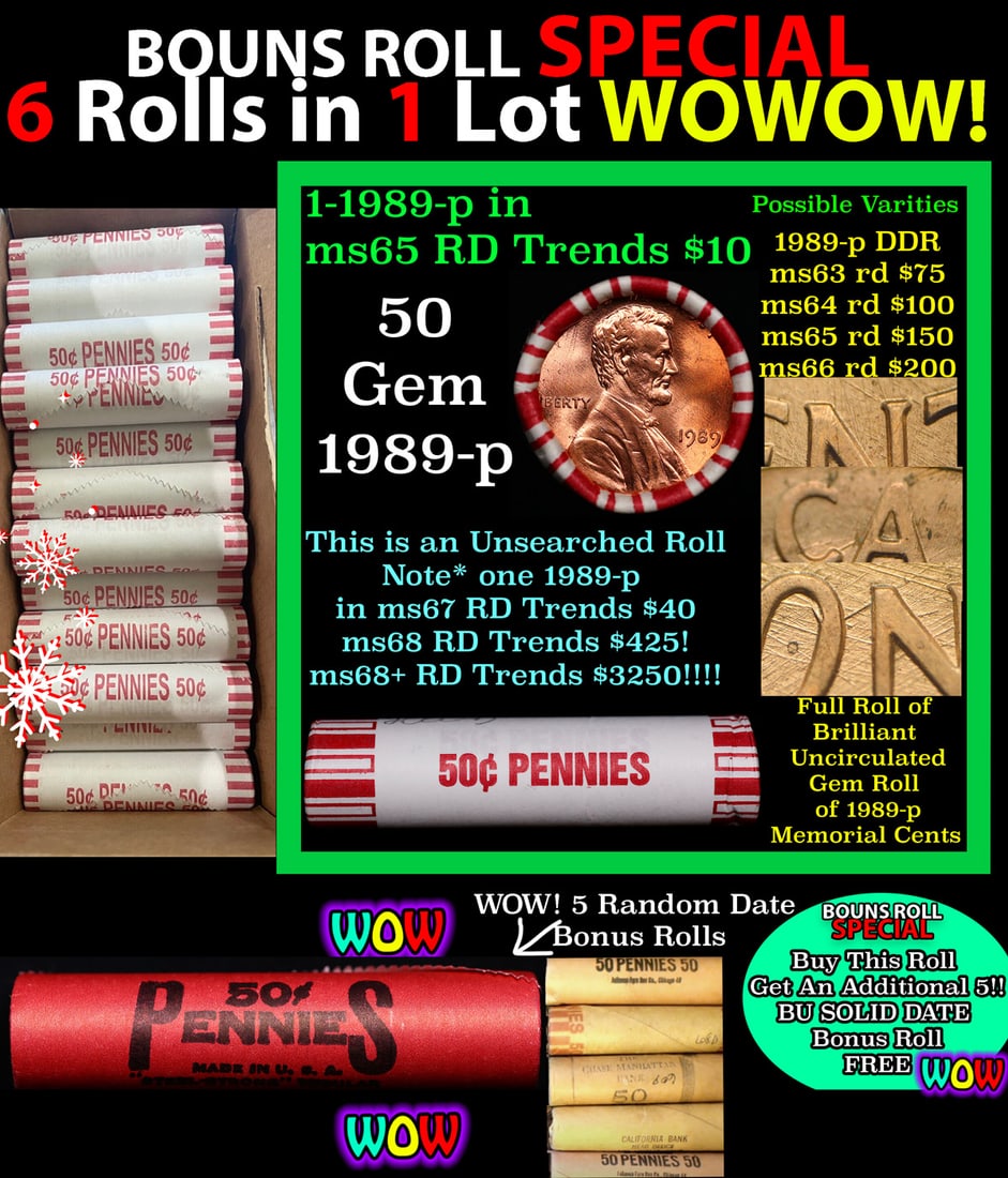 THIS AUCTION ONLY! BU Shotgun Lincoln 1c roll, 1989-p 50 pcs Plus FIVE bonus random date BU roll!: THIS AUCTION ONLY! BU Shotgun Lincoln 1c roll, 1989-p 50 pcs Plus FIVE bonus random date BU roll! Bank Wrapper 50c. A terrific Shotgun roll of Lincoln cents in a Bank wrapper. Most if not all coins sh