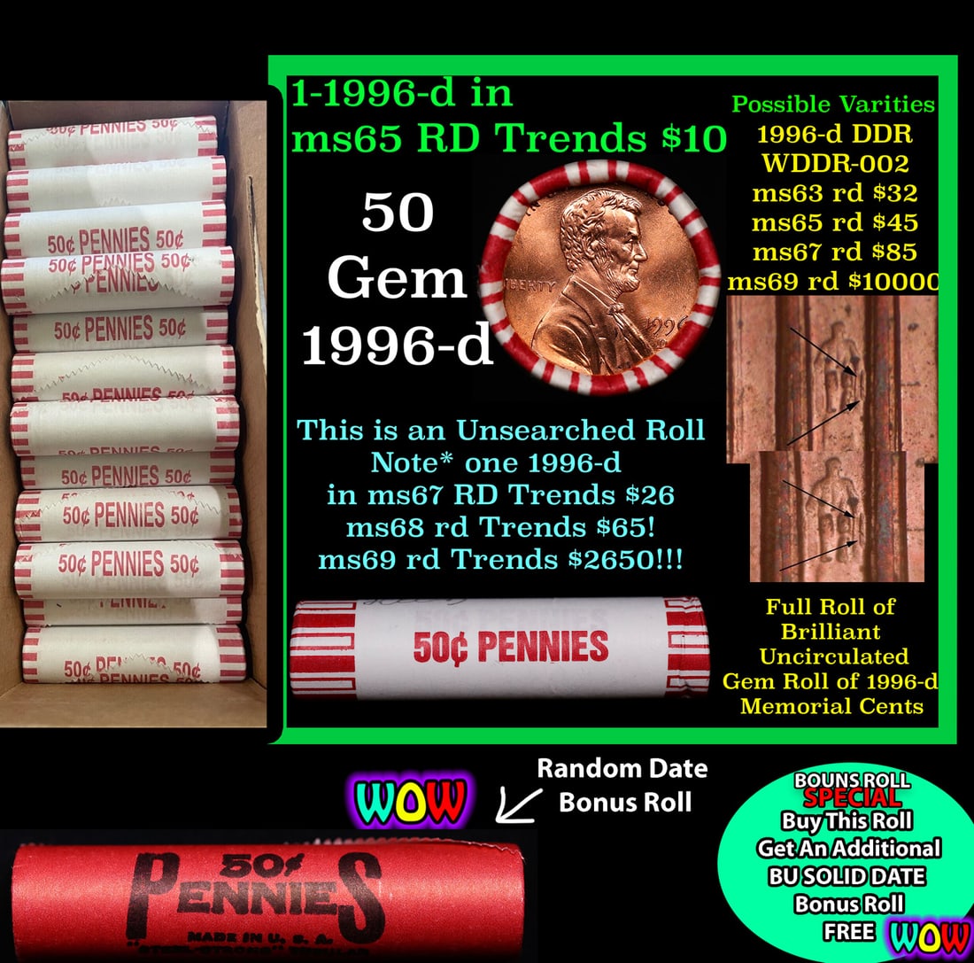 THIS AUCTION ONLY! BU Shotgun Lincoln 1c roll, 1996-d 50 pcs Plus one bonus random date BU roll!: THIS AUCTION ONLY! BU Shotgun Lincoln 1c roll, 1996-d 50 pcs Plus one bonus random date BU roll! Bank Wrapper 50c. A terrific Shotgun roll of Lincoln cents in a Bank wrapper. Most if not all coins sho