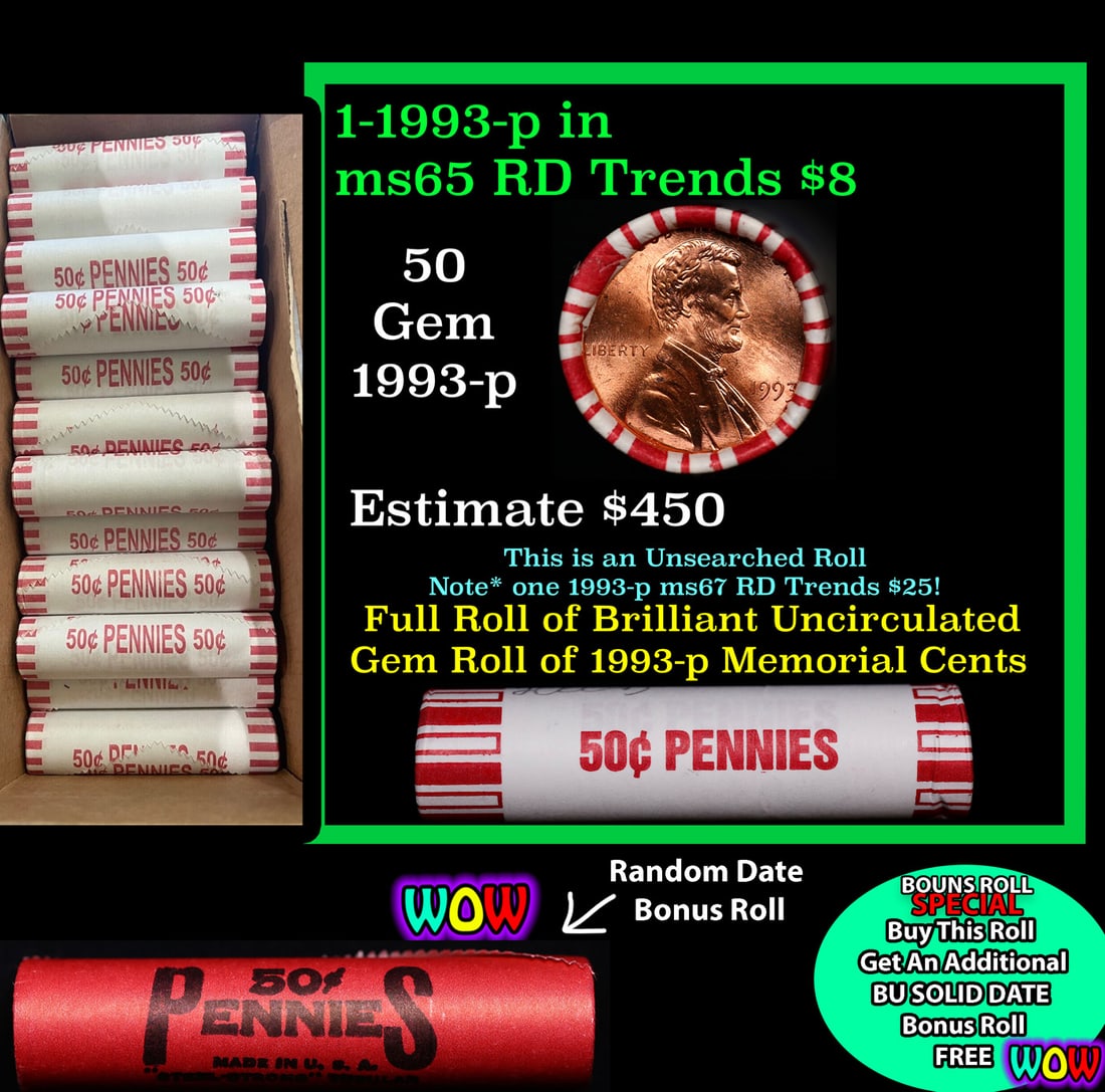 THIS AUCTION ONLY! BU Shotgun Lincoln 1c roll, 1993-p 50 pcs Plus one bonus random date BU roll!: THIS AUCTION ONLY! BU Shotgun Lincoln 1c roll, 1993-p 50 pcs Plus one bonus random date BU roll! Bank Wrapper 50c. A terrific Shotgun roll of Lincoln cents in a Bank wrapper. Most if not all coins sho