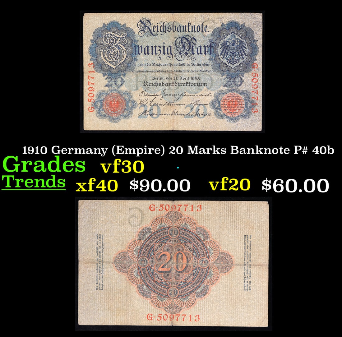 1910 Germany (Empire) 20 Marks Banknote P# 40b Grades vf++ (1 of 3)