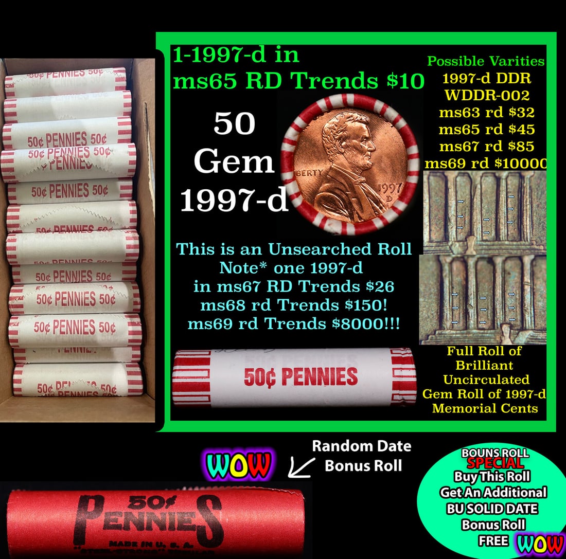 THIS AUCTION ONLY! BU Shotgun Lincoln 1c roll, 1997-d 50 pcs Plus one bonus random date BU roll!: THIS AUCTION ONLY! BU Shotgun Lincoln 1c roll, 1997-d 50 pcs Plus one bonus random date BU roll! Bank Wrapper 50c. A terrific Shotgun roll of Lincoln cents in a Bank wrapper. Most if not all coins sho