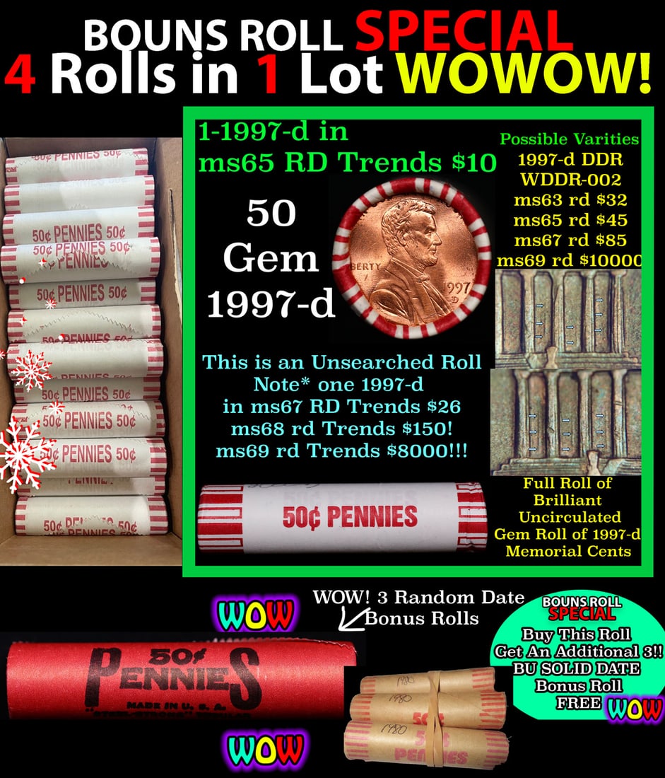 THIS AUCTION ONLY! BU Shotgun Lincoln 1c roll, 1997-d 50 pcs Plus THREE bonus random date BU roll!: THIS AUCTION ONLY! BU Shotgun Lincoln 1c roll, 1997-d 50 pcs Plus THREE bonus random date BU roll! Bank Wrapper 50c. A terrific Shotgun roll of Lincoln cents in a Bank wrapper. Most if not all coins s