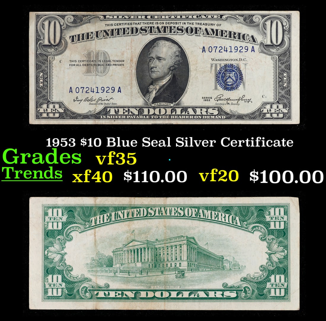1953 $10 Blue Seal Silver Certificate Grades vf++ (1 of 3)
