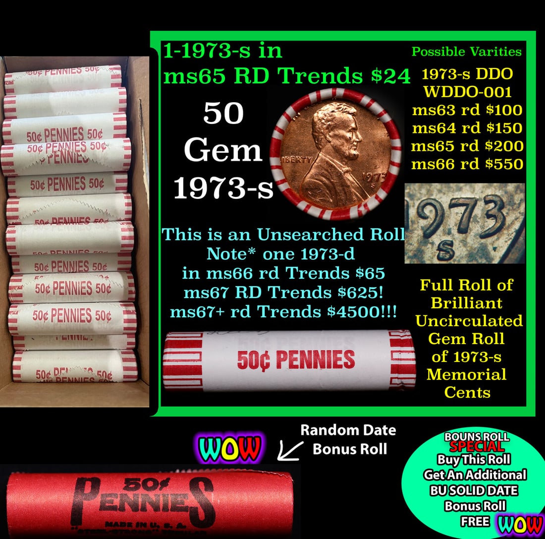 THIS AUCTION ONLY! BU Shotgun Lincoln 1c roll, 1973-d 50 pcs Plus one bonus random date BU roll!: THIS AUCTION ONLY! BU Shotgun Lincoln 1c roll, 1973-d 50 pcs Plus one bonus random date BU roll! Bank Wrapper 50c. A terrific Shotgun roll of Lincoln cents in a Bank wrapper. Most if not all coins sho