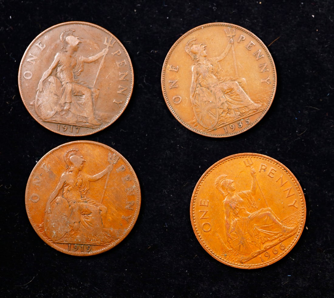 Group of 4 Coins, Great Britain Pennies, 1917, 1919, 1935, 1966 . (1 of 1)