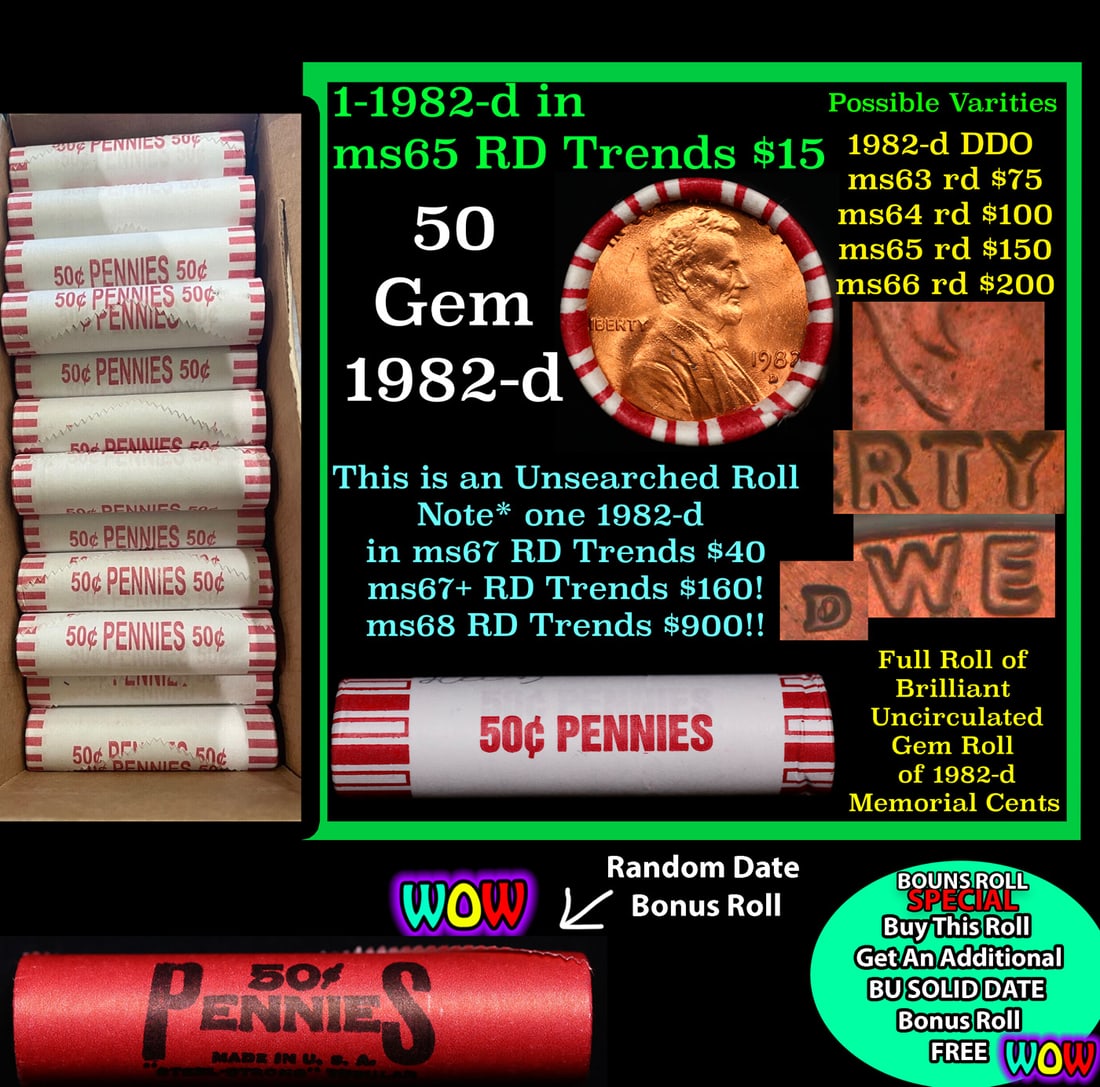 THIS AUCTION ONLY! BU Shotgun Lincoln 1c roll, 1982-d 50 pcs Plus one bonus random date BU roll!: THIS AUCTION ONLY! BU Shotgun Lincoln 1c roll, 1982-d 50 pcs Plus one bonus random date BU roll! Bank Wrapper 50c. A terrific Shotgun roll of Lincoln cents in a Bank wrapper. Most if not all coins sho