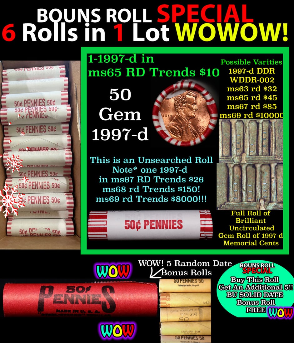 THIS AUCTION ONLY! BU Shotgun Lincoln 1c roll, 1997-d 50 pcs Plus FIVE bonus random date BU roll!: THIS AUCTION ONLY! BU Shotgun Lincoln 1c roll, 1997-d 50 pcs Plus FIVE bonus random date BU roll! Bank Wrapper 50c. A terrific Shotgun roll of Lincoln cents in a Bank wrapper. Most if not all coins sh