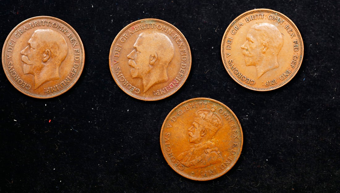 Group of 4 Coins, Great Britain Pennies, 1916, 1917, 1936, Australia Penny 1919 . (1 of 1)