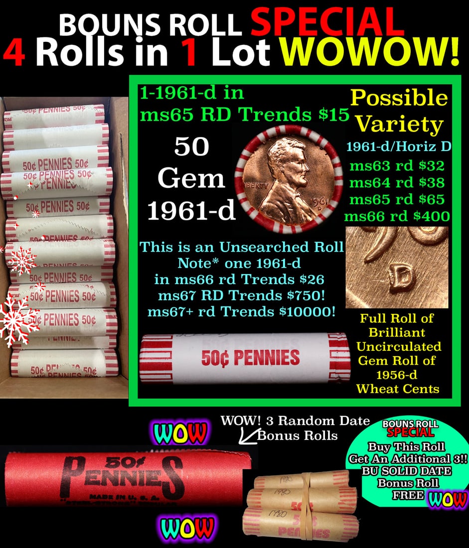 THIS AUCTION ONLY! BU Shotgun Lincoln 1c roll, 1961-d 50 pcs Plus THREE bonus random date BU roll!: THIS AUCTION ONLY! BU Shotgun Lincoln 1c roll, 1961-d 50 pcs Plus THREE bonus random date BU roll! Bank Wrapper 50c. A terrific Shotgun roll of Lincoln cents in a Bank wrapper. Most if not all coins s