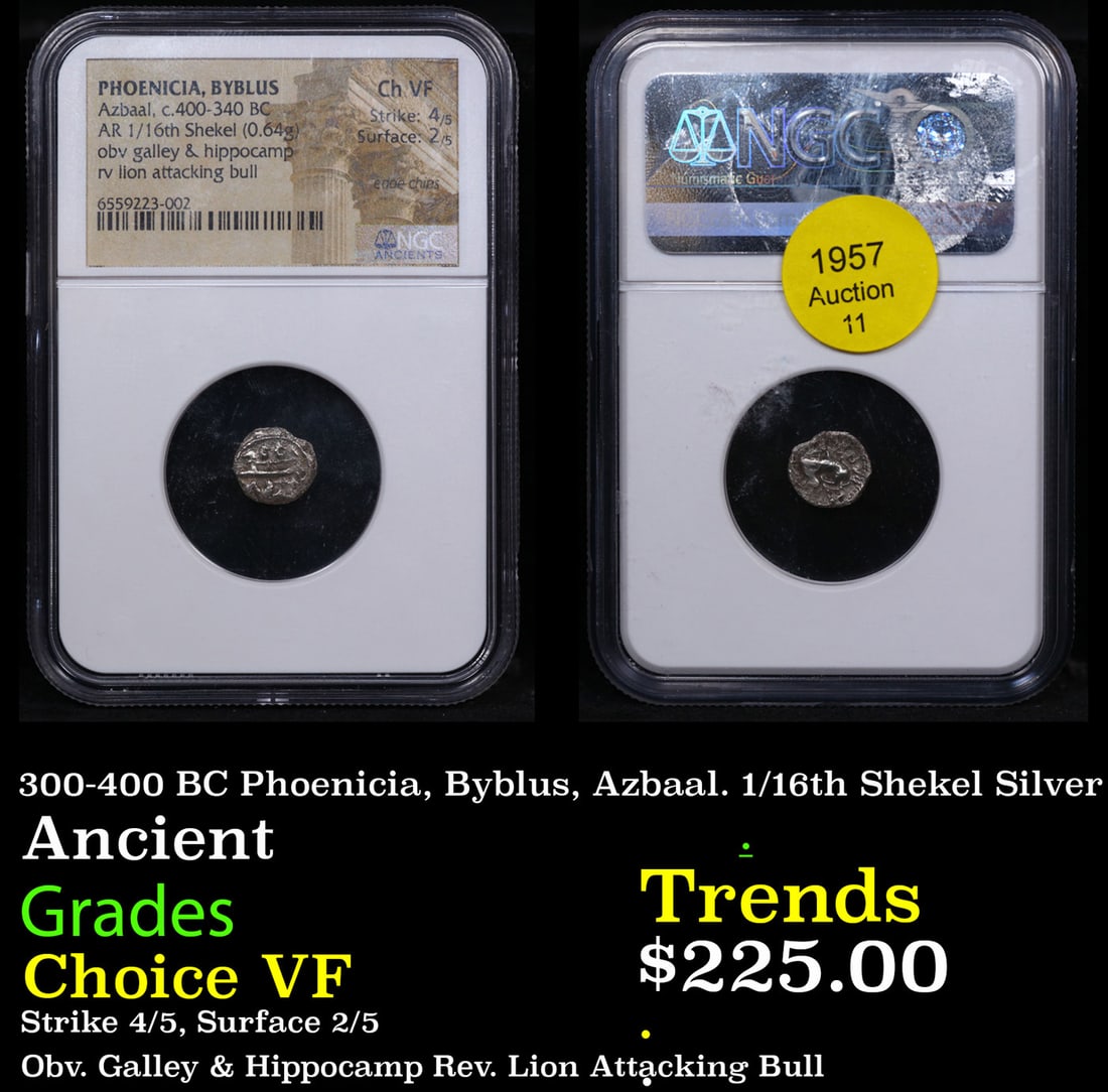 NGC 300-400 BC Phoenicia, Byblus, Azbaal. 1/16th Shekel Silver Ancient Graded Choice VF By NGC: NGC 300-400 BC Phoenicia, Byblus, Azbaal. 1/16th Shekel Silver Ancient Graded Choice VF By NGC. Byblos is an ancient city in the Keserwan-Jbeil Governorate of Lebanon. The area is believed to have bee