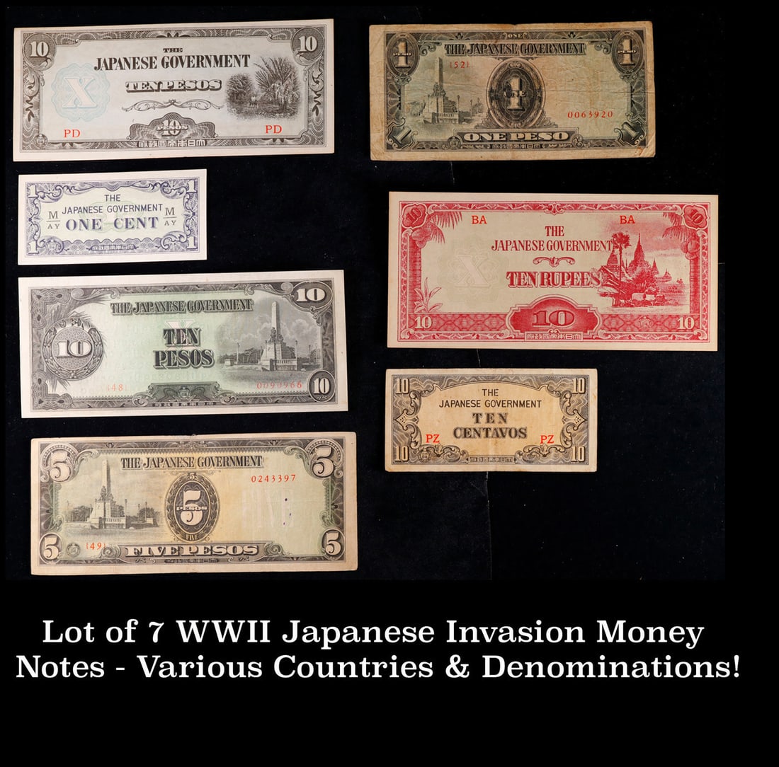 Lot of 7 WWII Japanese Invasion Money Notes - Various Countries & Denominations! Grades (1 of 3)