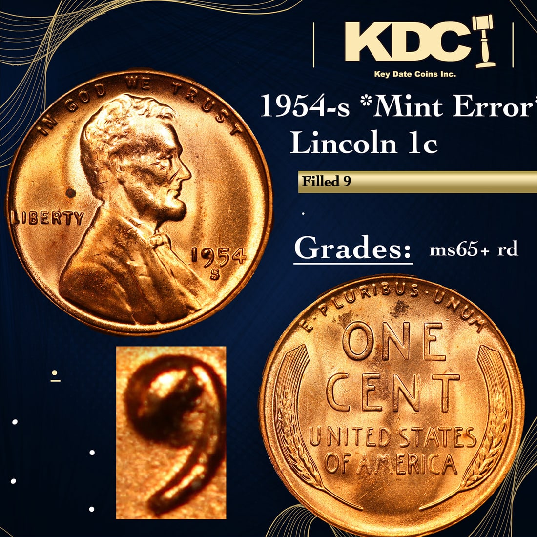 1954-s Lincoln Cent *Mint Error* 1c Grades Gem+ Unc RD (1 of 4)