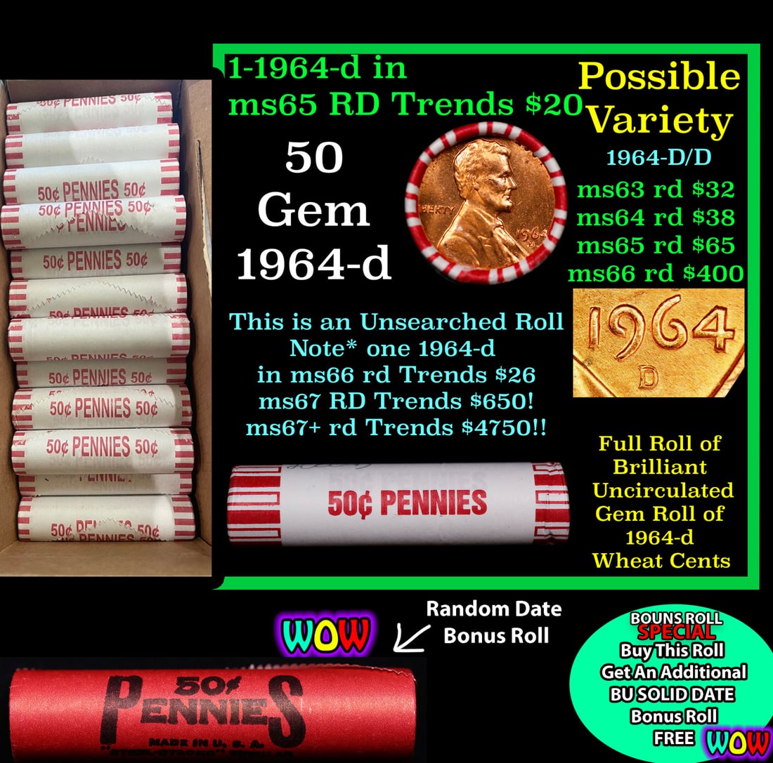 THIS AUCTION ONLY! BU Shotgun Lincoln 1c roll, 1964-d 50 pcs Plus one bonus random date BU roll!: THIS AUCTION ONLY! BU Shotgun Lincoln 1c roll, 1964-d 50 pcs Plus one bonus random date BU roll! Bank Wrapper 50c. A terrific Shotgun roll of Lincoln cents in a Bank wrapper. Most if not all coins sho