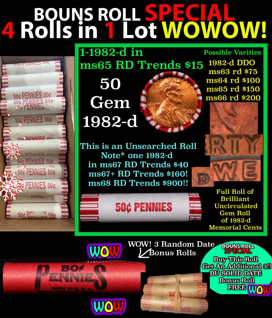 THIS AUCTION ONLY! BU Shotgun Lincoln 1c roll, 1982-d 50 pcs Plus THREE bonus random date BU roll!: THIS AUCTION ONLY! BU Shotgun Lincoln 1c roll, 1982-d 50 pcs Plus THREE bonus random date BU roll! Bank Wrapper 50c. A terrific Shotgun roll of Lincoln cents in a Bank wrapper. Most if not all coins s