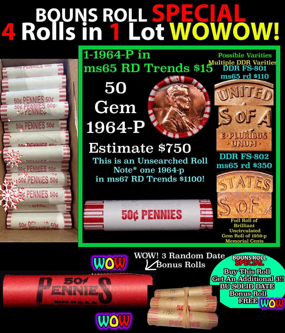 THIS AUCTION ONLY! BU Shotgun Lincoln 1c roll, 1964-p 50 pcs Plus THREE bonus random date BU roll!: THIS AUCTION ONLY! BU Shotgun Lincoln 1c roll, 1964-p 50 pcs Plus THREE bonus random date BU roll! Bank Wrapper 50c. A terrific Shotgun roll of Lincoln cents in a Bank wrapper. Most if not all coins s