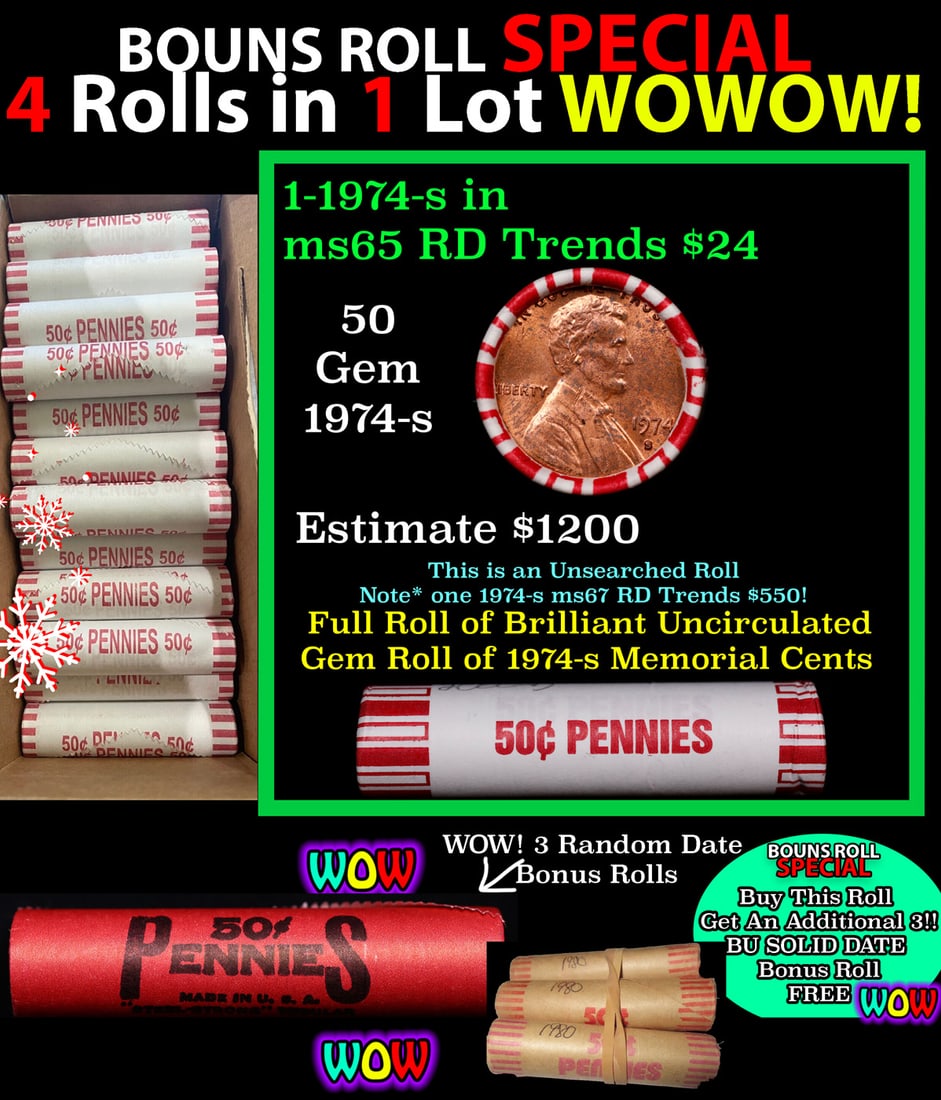 THIS AUCTION ONLY! BU Shotgun Lincoln 1c roll, 1974-s 50 pcs Plus THREE bonus random date BU roll!: THIS AUCTION ONLY! BU Shotgun Lincoln 1c roll, 1974-s 50 pcs Plus THREE bonus random date BU roll! Bank Wrapper 50c. A terrific Shotgun roll of Lincoln cents in a Bank wrapper. Most if not all coins s