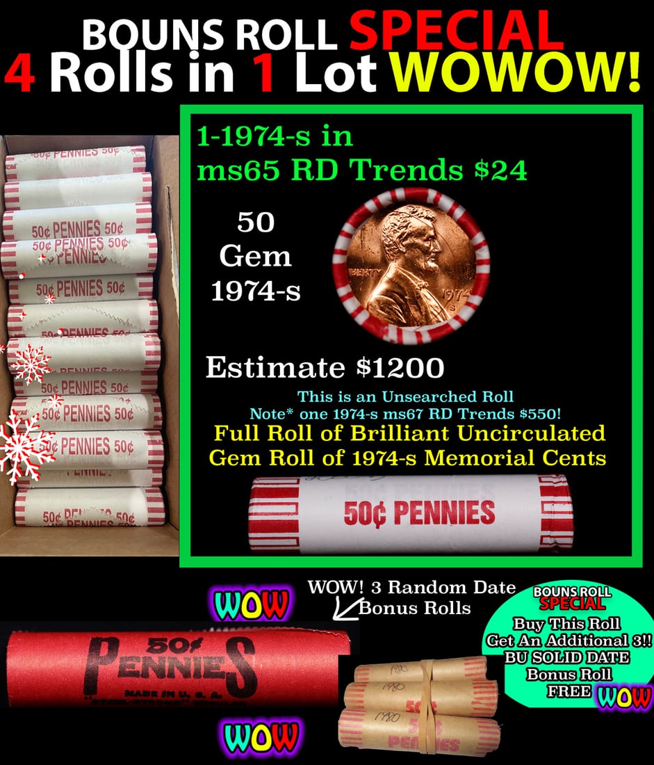 THIS AUCTION ONLY! BU Shotgun Lincoln 1c roll, 1974-s 50 pcs Plus THREE bonus random date BU roll!: THIS AUCTION ONLY! BU Shotgun Lincoln 1c roll, 1974-s 50 pcs Plus THREE bonus random date BU roll! Bank Wrapper 50c. A terrific Shotgun roll of Lincoln cents in a Bank wrapper. Most if not all coins s