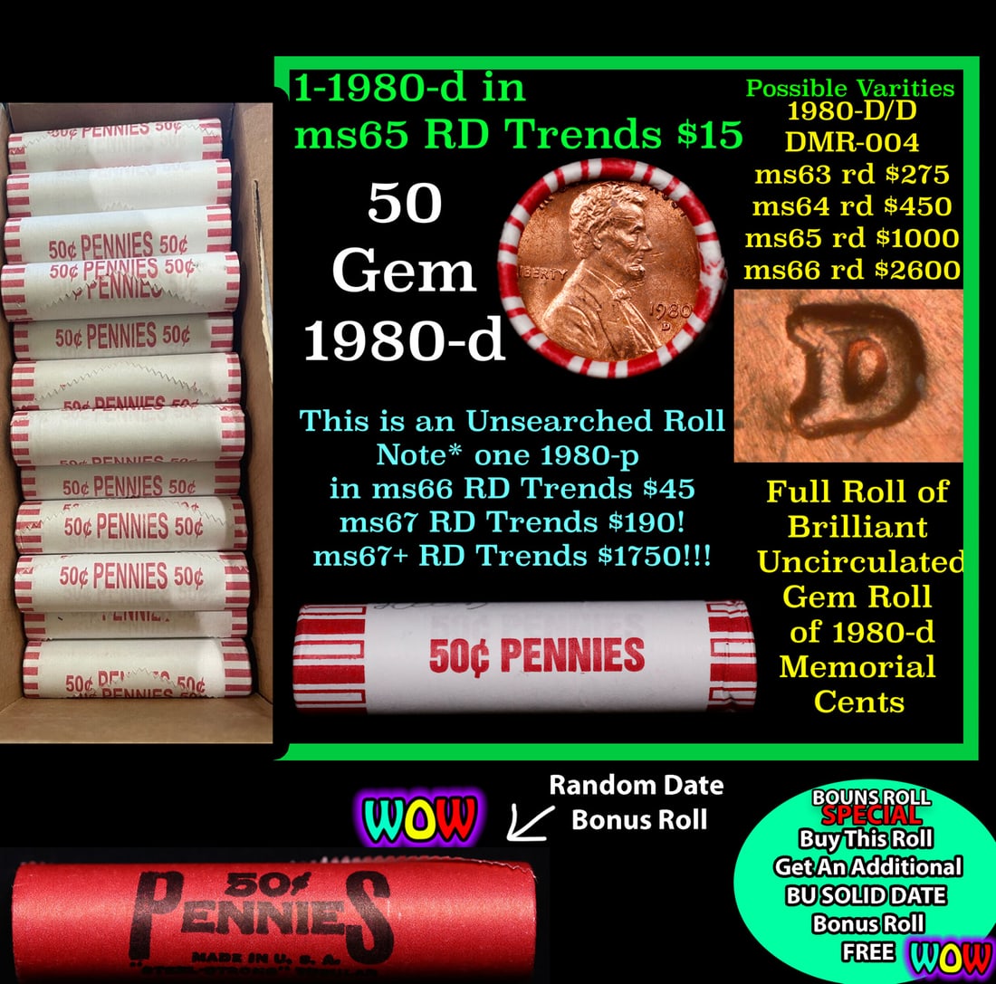 THIS AUCTION ONLY! BU Shotgun Lincoln 1c roll, 1980-d 50 pcs Plus one bonus random date BU roll!: THIS AUCTION ONLY! BU Shotgun Lincoln 1c roll, 1980-d 50 pcs Plus one bonus random date BU roll! Bank Wrapper 50c. A terrific Shotgun roll of Lincoln cents in a Bank wrapper. Most if not all coins sho