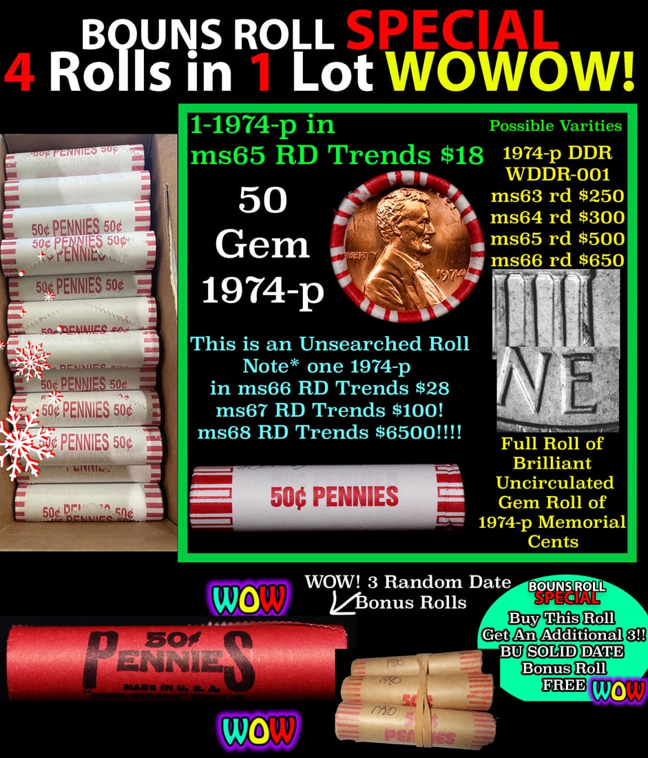 THIS AUCTION ONLY! BU Shotgun Lincoln 1c roll, 1974-p 50 pcs Plus THREE bonus random date BU roll!: THIS AUCTION ONLY! BU Shotgun Lincoln 1c roll, 1974-p 50 pcs Plus THREE bonus random date BU roll! Bank Wrapper 50c. A terrific Shotgun roll of Lincoln cents in a Bank wrapper. Most if not all coins s