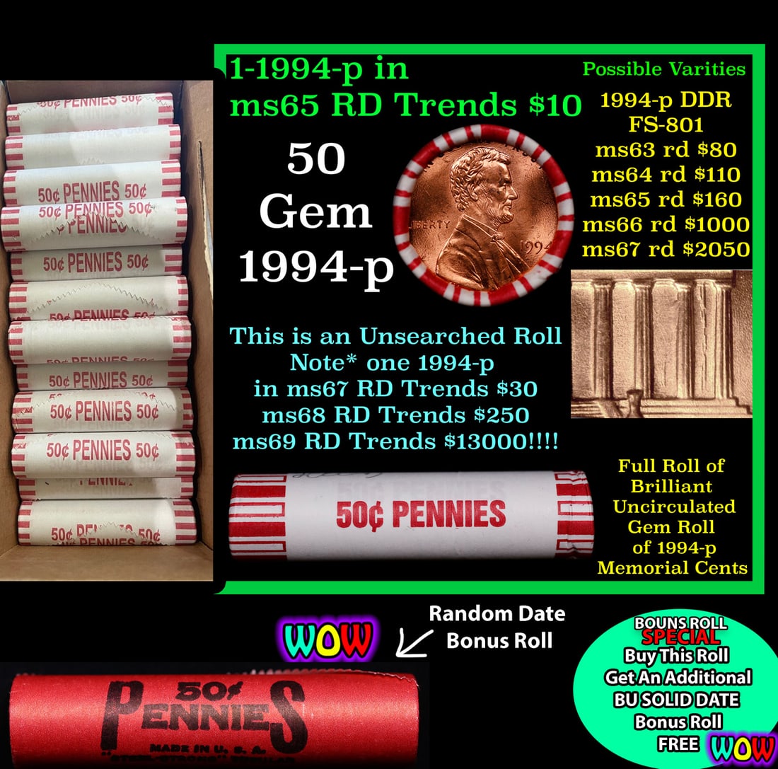 THIS AUCTION ONLY! BU Shotgun Lincoln 1c roll, 1994-p 50 pcs Plus one bonus random date BU roll!: THIS AUCTION ONLY! BU Shotgun Lincoln 1c roll, 1994-p 50 pcs Plus one bonus random date BU roll! Bank Wrapper 50c. A terrific Shotgun roll of Lincoln cents in a Bank wrapper. Most if not all coins sho