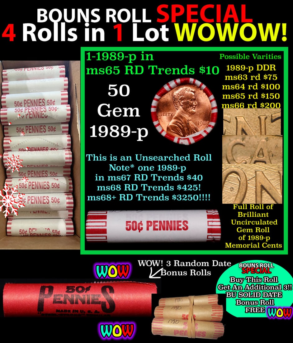 THIS AUCTION ONLY! BU Shotgun Lincoln 1c roll, 1989-p 50 pcs Plus THREE bonus random date BU roll!: THIS AUCTION ONLY! BU Shotgun Lincoln 1c roll, 1989-p 50 pcs Plus THREE bonus random date BU roll! Bank Wrapper 50c. A terrific Shotgun roll of Lincoln cents in a Bank wrapper. Most if not all coins s